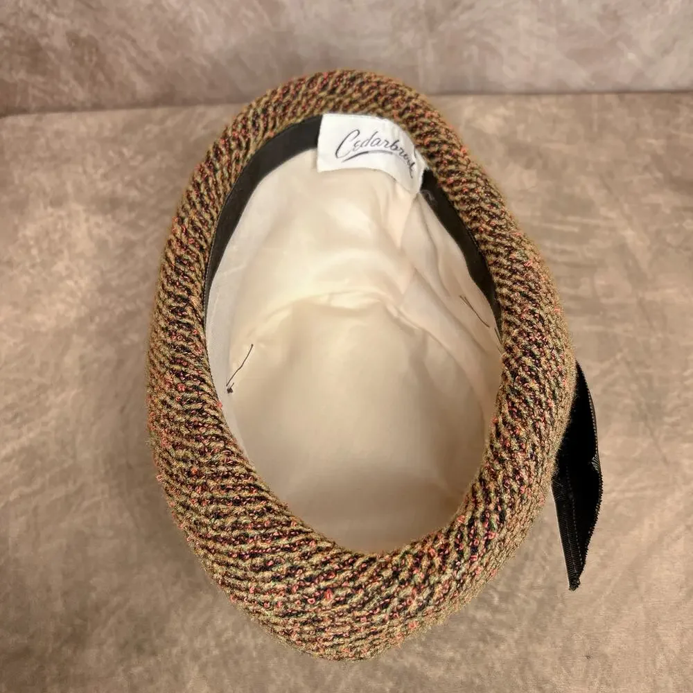 Vintage 60s Cedarbrook Orange Tapestry Derby Bucket Hat Cloche Bow Retro
